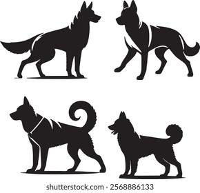 This image features silhoettes of different dog breeds, each depicated in a bold and artist design.The Illustrations emphasize the unique shapes,fur patterns and postures of the dog