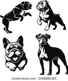 This image features silhoettes of different dog breeds, each depicated in a bold and artist design.The Illustrations emphasize the unique shapes,fur patterns and postures of the dog