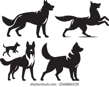 This image features silhoettes of different dog breeds, each depicated in a bold and artist design.The Illustrations emphasize the unique shapes,fur patterns and postures of the dog