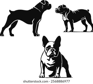 This image features silhoettes of different dog breeds, each depicated in a bold and artist design.The Illustrations emphasize the unique shapes,fur patterns and postures of the dog