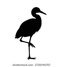 Dieses Bild zeigt die Silhouette eines Vogels, der auf einem Bein steht. Der Vogel scheint in einer ruhigen und ausgewogenen Haltung zu sein, mit ausgestrecktem Hals und gefalteten Flügeln. Die dunkle, durchgezogene Umrisslinie auf hellem Hintergrund betont die Form und Form des Vogels und erzeugt einen auffälligen visuellen Effekt. Die langen Beine und der schlanke Körper des Vogels sind deutlich sichtbar, was darauf hindeutet, dass es sich um eine Art Reiher oder eine ähnliche Art handeln könnte.