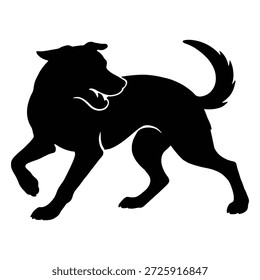 Esta imagem apresenta a silhueta de um cachorro preto no meio da faixa. O cachorro parece estar correndo, com a língua para fora, sugerindo que está se movendo ativamente. A silhueta é dura sobre um fundo branco, enfatizando a forma e o movimento do cão.