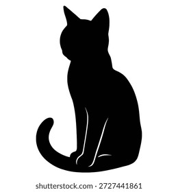 Dieses Bild zeigt die Silhouette einer aufrecht sitzenden Katze. Der Schwanz der Katze ist um ihren Körper gewickelt, und ihre Ohren sind nach oben gerichtet. Der Hintergrund ist einfarbig weiß, was im Kontrast zur schwarzen Silhouette der Katze steht und sie deutlich hervorhebt. Die Katze erscheint ruhig und in dieser Pose komponiert.