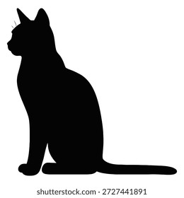 This image features the silhouette of a cat sitting upright. The cat appears to be looking to the left, with its tail extending behind it. The background is plain and white, which contrasts sharply with the black silhouette of the cat, making it stand out prominently.