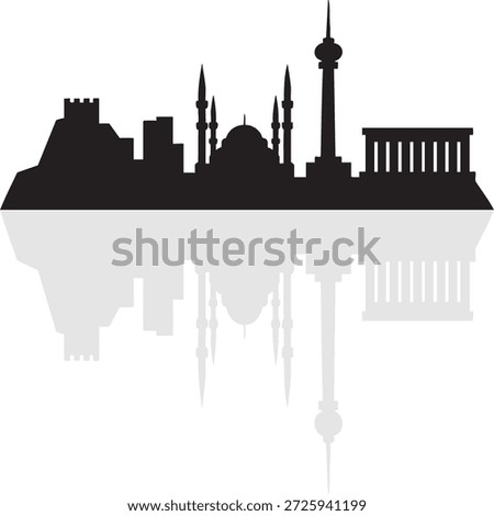 This image features the silhouette of a city skyline with prominent buildings and landmarks. The skyline is reflected in a body of water below, creating a mirror image effect. The buildings include a mix of modern and historical architecture, with a notable tower and domed structures.