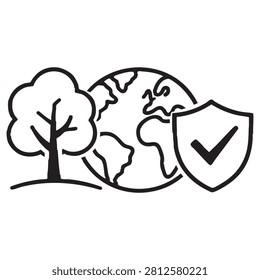 This image features a silhouette depiction of the earth, a tree, and a shield with a checkmark. The style is a simple line drawing on a transparent background, offering designers a versatile element for various projects.