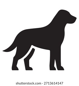 Dieses Bild zeigt die Silhouette eines Hundes, der auf allen Vieren steht. Der Hund scheint nach rechts zu blicken, sein Körper ist auf weißem Hintergrund vollständig sichtbar. Die Silhouette ist schwarz und hebt die Form und Form des Hundes hervor.