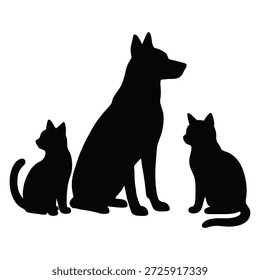 Esta Imagen presenta la silueta de un perro sentado en posición vertical entre dos Pequeños gatos, también en silueta. El perro se coloca en el centro, con un gato a cada lado. Los animales están representados en un estilo minimalista, sin fondo ni detalles adicionales.