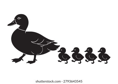 This image features a silhouette of a duck leading four ducklings on a white background. It's a black and white