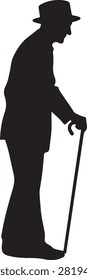 This image features a silhouette of an elderly man standing in profile. He is wearing a bowler hat and a suit, holding a cane with one hand while the other hand rests on his hip. The silhouette is simple and monochromatic, emphasizing the shape and posture of the figure, suggesting contemplation or a moment of pause.