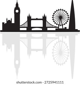 This image features a silhouette of the iconic London skyline, including the Big Ben clock tower, the Tower Bridge, and the London Eye Ferris wheel. The structures are reflected in a body of water below, creating a symmetrical and visually appealing scene. The black and white color scheme adds a classic and timeless feel to the image.