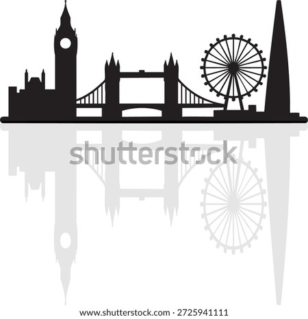 This image features a silhouette of the iconic London skyline, including the Big Ben clock tower, the Tower Bridge, and the London Eye Ferris wheel. The structures are reflected in a body of water below, creating a symmetrical and visually appealing scene. The black and white color scheme adds a classic and timeless feel to the image.