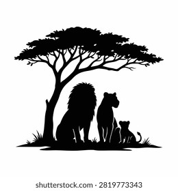This image features a silhouette of a lion family – a male lion, a lioness, and a cub – resting under an acacia tree. The scene is depicted in black against a white background, with