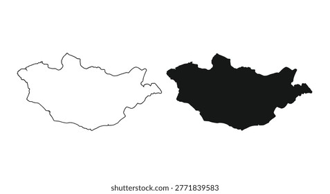 This image features a silhouette and outline of the map of Mongolia, presented as a vector illustration with an isolated white background. The design includes both a filled black shape and a white outline.