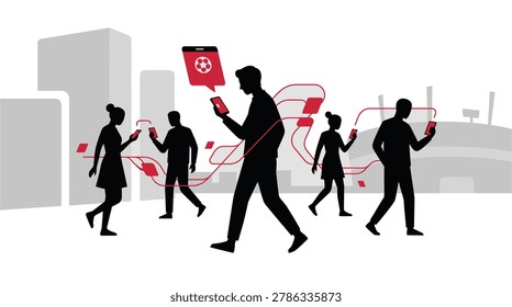 This image features a silhouette of people holding smartphones while walking in a city environment. Red lines connect the individuals, representing a network or communication. The style is a flat vector illustration.