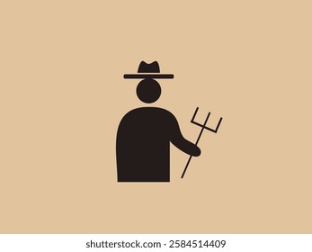 This image features a silhouette of a person wearing a hat and holding a pitchfork