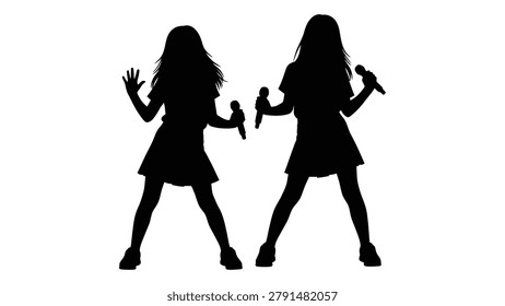 This image features a silhouette of two singers holding microphones against a plain white background. The figures are depicted in a dynamic pose.