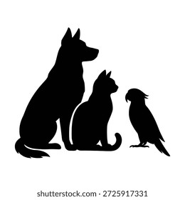 Esta Imagen presenta las siluetas de un perro, un gato y un loro. El perro está sentado a la izquierda, el gato está en el medio, y el loro está a la derecha. Los tres animales se enfrentan entre sí, creando una sensación de interacción y compañerismo.