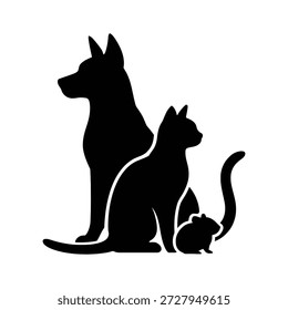 Esta Imagen presenta las siluetas de un perro, un gato y un ratón. El perro está de pie sobre sus patas traseras, mientras que el gato está sentado en posición vertical. El ratón se coloca entre las patas delanteras del gato, creando una escena de armonía inesperada entre estos tres animales.