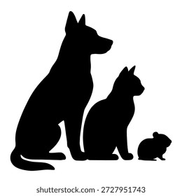 Esta Imagen presenta las siluetas de un perro, un gato y un ratón. El perro se coloca a la izquierda, el gato en el medio y el ratón a la derecha. Los tres animales están sentados en el suelo, mirando hacia adelante. La Imagen es en blanco y negro, enfatizando las Formas y formas de los animales.