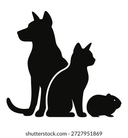 Esta imagem mostra as silhuetas de um cachorro, um gato e um rato. O cachorro fica de pé sobre as patas traseiras, enquanto o gato se senta calmamente ao lado dele. O rato está posicionado na frente do gato, olhando para a frente. A imagem está em preto e branco, enfatizando as formas e formas desses animais.