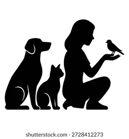 Dieses Bild zeigt die Silhouetten eines Hundes, einer Katze und einer Maus. Der Hund steht auf seinen Hinterbeinen, während die Katze aufrecht sitzt. Die Maus ist zwischen den Vorderpfoten der Katze positioniert, was eine Szene unerwarteter Harmonie zwischen diesen drei Tieren schafft.