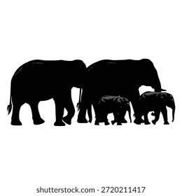 Dieses Bild zeigt die Silhouetten einer Gruppe von Elefanten, darunter Erwachsene und ein Elefantenbaby. Die Elefanten sind in einem schlichten, minimalistischen Stil dargestellt, der ihre Formen und die familiäre Bindung zwischen ihnen betont. Die schwarzen Silhouetten stechen auf weißem Hintergrund hervor und erzeugen einen auffälligen Kontrast.