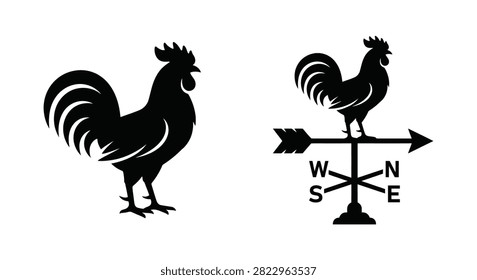 This image features silhouettes of a rooster and a weather vane both depicted in black against a white background. The