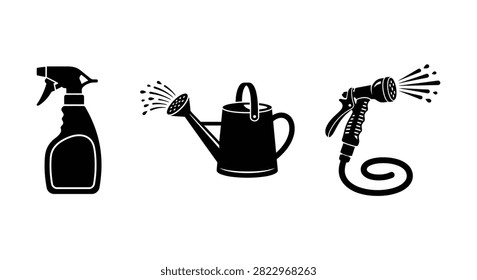 This image features silhouettes of a spray bottle a watering can and a hose nozzle presented as a flat vector