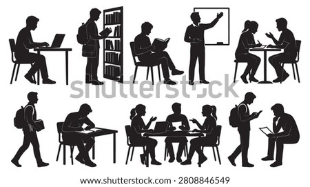 This image features silhouettes of students and teachers in various educational scenarios. The figures are depicted as flat black silhouettes
