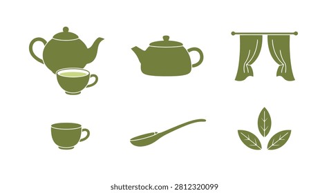 This image features silhouettes of a teapot, teacup, tea leaves, and a spoon in a flat, muted green style. The objects are isolated on a