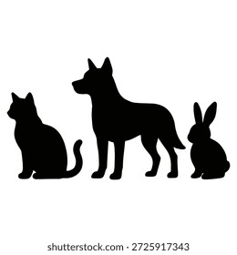Esta Imagen presenta las siluetas de tres animales: un gato, un perro y un conejo. El gato está sentado a la izquierda, el perro está de pie en el medio, y el conejo está sentado a la derecha. Los animales están representados en un estilo sencillo en blanco y negro.