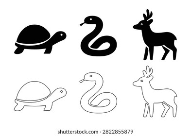 This image features silhouettes of a turtle, swan, and deer, presented in black and white line art against a transparent
