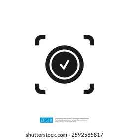 This image features a simple black checkmark within a circular outline, framed by a rectangular border, symbolizing verification or approval.