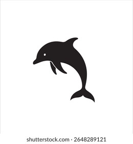 This image features a simple, black silhouette of a dolphin. The dolphin is depicted in a playful, jumping pose, facing left. Its body is curved, with a prominent dorsal fin, flippers, and a distinct 