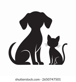 This image features a simple, black silhouette of a dog and a cat sitting side-by-side against a white background. The style is minimalist and graphic, with clean lines and solid black shapes. 