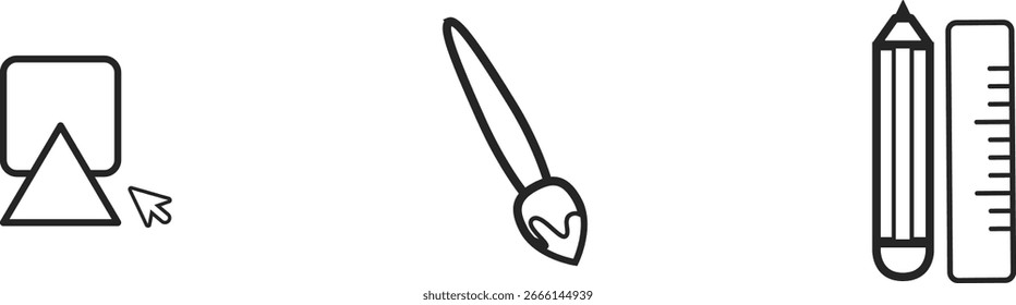 This image features simple black and white line icons of a paintbrush, pencil with ruler, and selection tool.