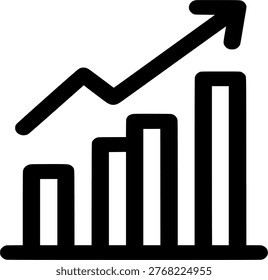 This image features a simple black icon of a bar graph with an upward trend arrow on a clean white background. The graph consists of four bars of varying heights, with a jagged line and an arrow pointing upwards, indicating growth and progress. This type of icon is commonly used in business, finance, and statistics to represent success, improvement, and development. The minimalist design makes it versatile for use in various digital and print materials, such as presentations, reports, and infographics.