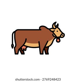 This image features a simple, cartoon-style drawing of a cow. The cow is depicted with a brown body, two curved horns on its head, and a light-colored underbelly. It has a relaxed facial expression with a hanging tongue, giving it a calm and friendly appearance. The drawing is outlined with darker brown lines, and the background is plain white, ensuring the cow is the central focus of the image.
