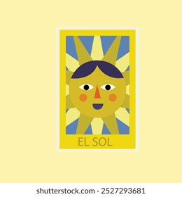 Esta Imagen presenta una ilustración simple y geométrica estilizada de cartas de "El Sol" inspiradas en la lotería, un juego de cartas tradicional mexicano. "El Sol" significa "El Sol" en español.