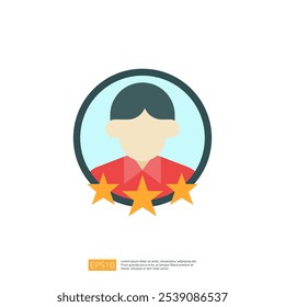 This image features a simple graphic representation of a person within a circular frame, accompanied by three stars below, suggesting a rating or review system.