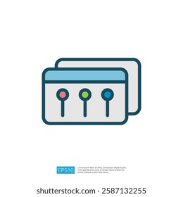 This image features a simple graphic of two stacked cards with three colored buttons, suggesting a user interface for settings or controls.