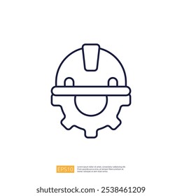 This image features a simple line drawing of a hard hat combined with a gear, symbolizing safety and engineering in industrial settings.