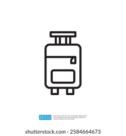 This image features a simple line drawing of a suitcase with a handle, representing travel and luggage.