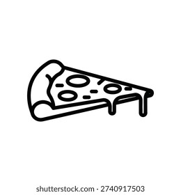 This image features a simple, minimalist line drawing of a single slice of pizza. The slice appears to have a golden crust with a few toppings, including what looks like pepperoni or some round toppings, and melted cheese. Beneath the pizza slice is a depiction of a wooden cutting board, adding to the casual dining aesthetic.