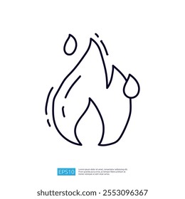 This image features a simple, stylized flame icon with a droplet, representing fire or heat. It is designed for graphic use, conveying concepts related to energy or warmth.