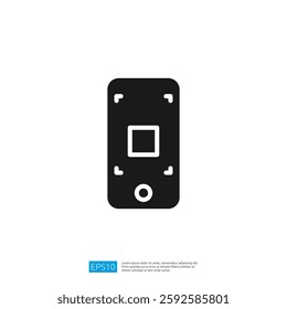 This image features a simple, stylized black icon of a smartphone with a square camera lens, representing mobile technology and photography.