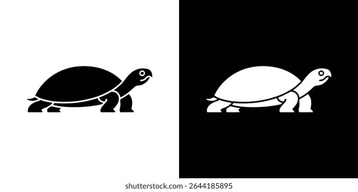 Esta imagem apresenta uma ilustração de tartaruga simples, exibida em preto sobre branco e branco sobre preto, criando um contraste simétrico visualmente impressionante. O ícone do réptil é simplificado.