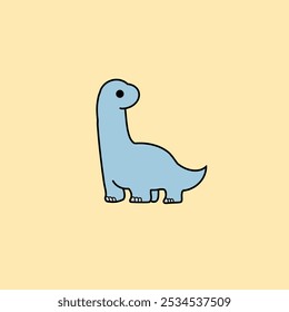 This image features a simple vector illustration of a cute, blue dinosaur with a long neck and small feet, outlined in black, set against a soft yellow background.