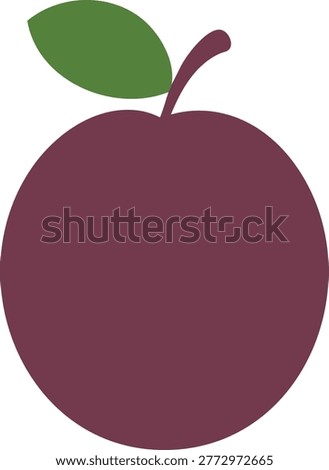 This image features a simplified, flat graphic of a plum with a green leaf and stem. The plum is a rich, dark purple and is rendered as a smooth circle. The leaf is a vibrant green and is positioned above and to the left of the plum, connected by a slender, dark purple stem. The artwork is isolated on a white background, presenting a clean and modern aesthetic.